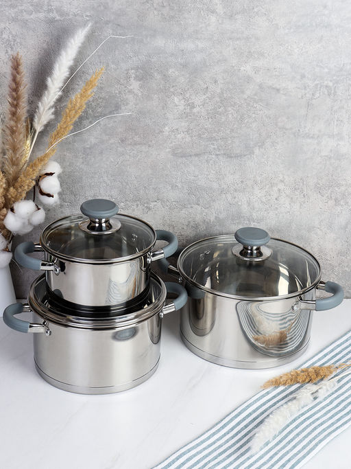 Кастрюля набор 6 предметов 1.9л, 3.4л, 4.5л Вертон / LB-S-1931B-6A /уп 1/ индукция/ ручки с силиконом/ цветная коробка/ KISIGA - Галеонтрейд фото 2