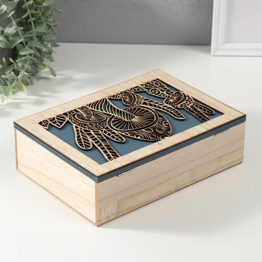 Шкатулка для чая 6 делений «Грибы», дерево, бежево-синяя, 17×24×7 см