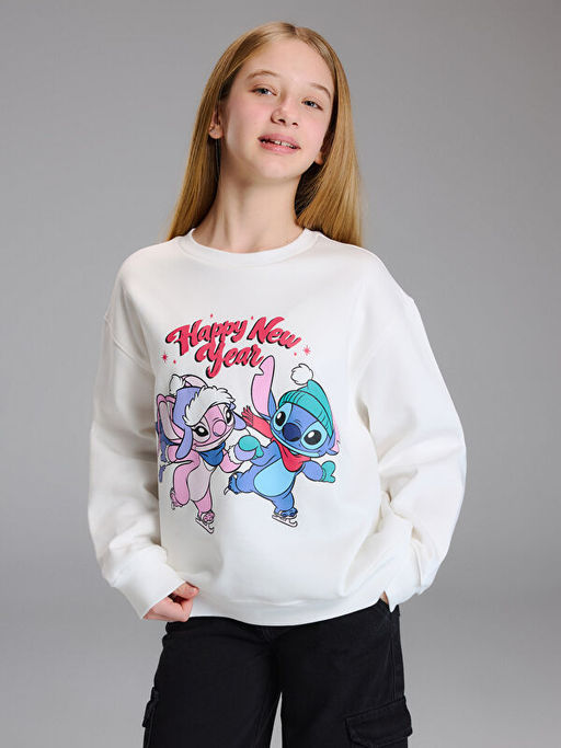 Stitch ve Angel Bask?l? K?z ?ocuk Kal?n Sweatshirt