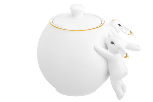 Сахарница с крышкой 650 мл 15,5*11,7*13 см "Кролики" белая с золотом