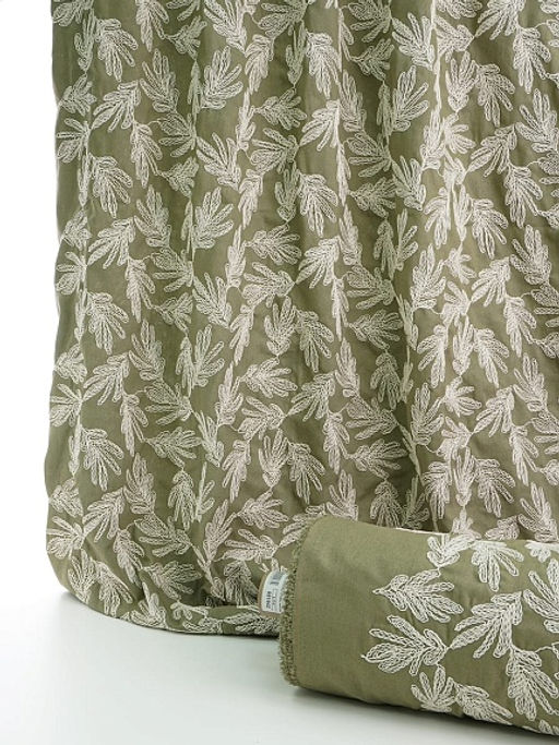 Полулен вышитый рисунок Дубовые листочки цв.хаки, ш.1.35м(выш.часть1.2м), хл-50%, лен-50% - Купава фото 6