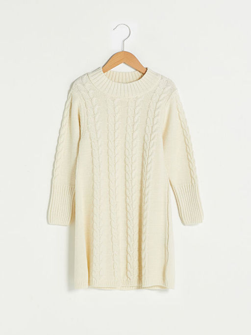 Yar?m Bal?k?? Yaka Kendinden Desenli Uzun Kollu K?z ?ocuk Kal?n Triko Elbise