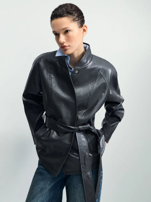 Куртка с поясом из искусственной кожи / Zarina  фото 4