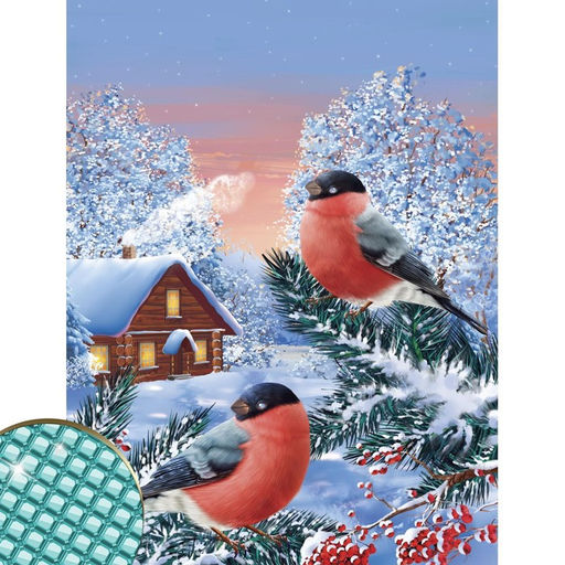 Алмазная мозаика на новый год с полным заполнением на холсте Снегири на ветке, 30?40 см, набор для творчества.