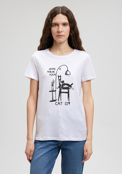 Kedi Bask?l? Beyaz Tisort - Mavi фото 3