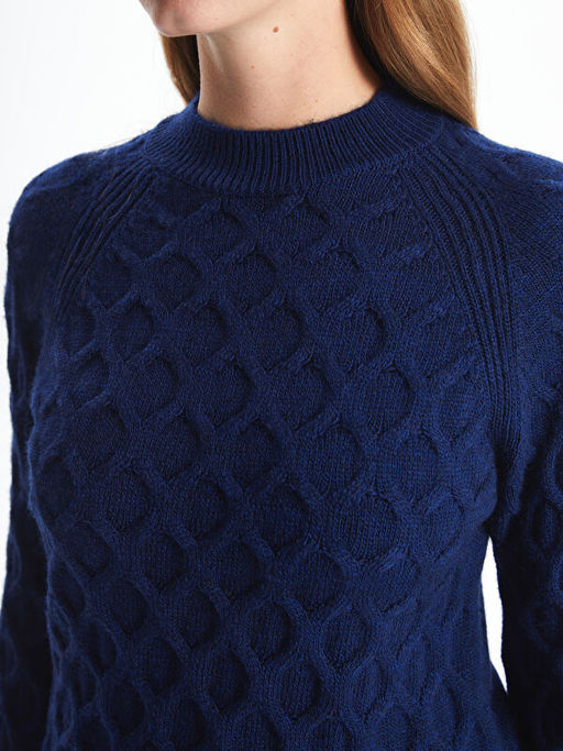 Bisiklet Yaka Kendinden Desenli Uzun Kollu Kad?n Triko Kazak