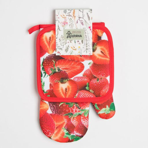 Кухонный набор Доляна «Клубника», прихватка 17×17 см, рукавица 26×16 см,100% п/э