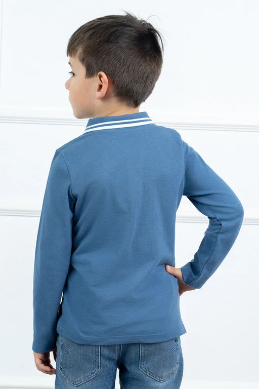 Футболка детская Поло, длин. рукав, цвет Серо-голубой, пике карде, 100% х/б - 5+ фото 2