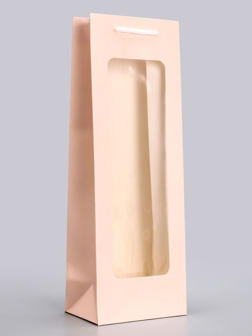 Цена за 12 шт. Пакет подарочный под бутылку с PVC окном 12.5×8.5×36 см, розовый