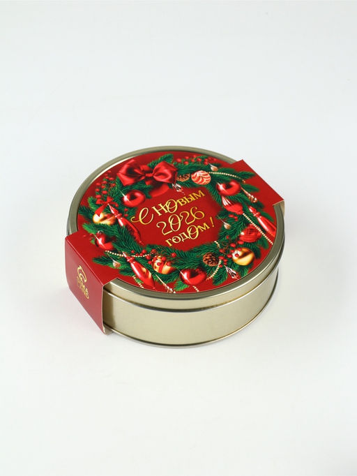 Подарочный набор новогодний С Новым 2026 годом в железной банке: чай, монпансье, варенье, открытка