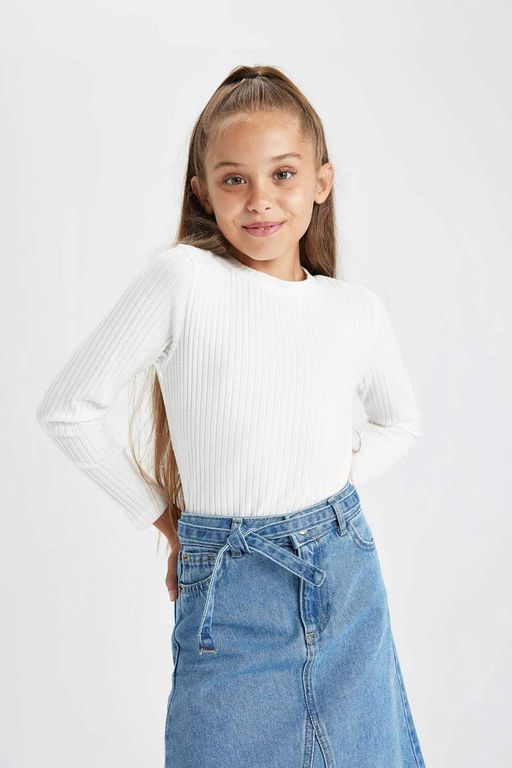 Облегающая футболка в рубчик с длинными рукавами для девочек - Defacto фото 5