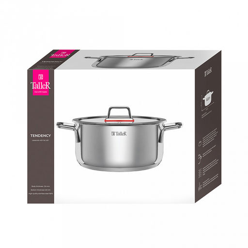 Кастрюля из нержавеющей стали Tendency 6,8л, д26см, h13,5см, s0,6мм, дно s2,8мм, плоская стеклянная жаропрочная крышка, пароотвод, стальной обод, капсулированное дно, прутковые ручки из нержавеющей стали на точечной сварке, полировка снаружи - зерк - Домашняя мода фото 7