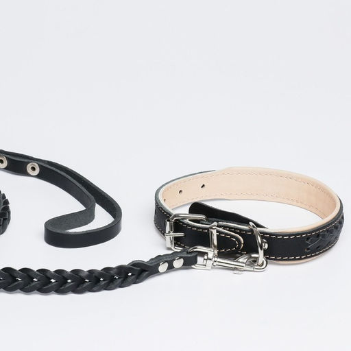 Комплект ошейник (34-45х2 см) и поводок (120х0.8 см) с косой, чёрный с бежевым - Пушистое счастье фото 5
