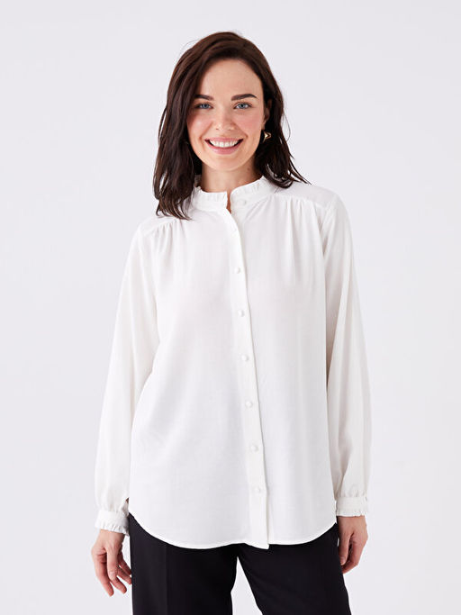 Hakim Yaka D?z Uzun Kollu Keten Kar???ml? Kad?n Tunik