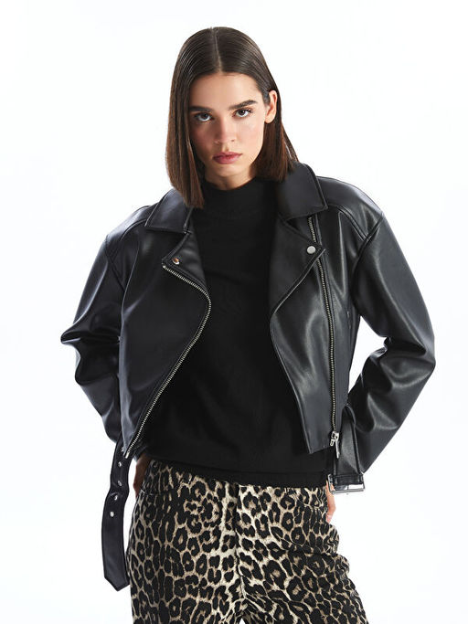Biker Yaka Kad?n Deri G?r?n?ml? Ceket