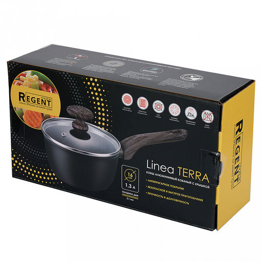 Ковш с двухслойным антипригарным покрытием "Moderno" 1,3л, д16см, h8см, s2,6мм, дно s3,1мм, стеклянная крышка, бакелитовая ручка с покрытием "soft-touch", имитирующим текстуру дерева, "Regent", цветная коробка (Китай) Подходит для всех видов плит, в