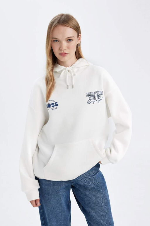 Женская белая толстая толстая толстовка оверсайз с широким кроем и капюшоном на спине - Defacto фото 3