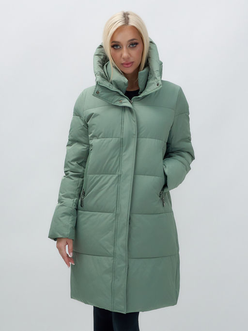 Куртка зимняя женская с капюшоном удлиненная стеганная зеленого цвета 9629Z