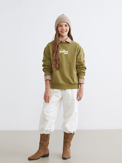 Bisiklet Yaka Bask?l? K?z ?ocuk Kal?n Sweatshirt