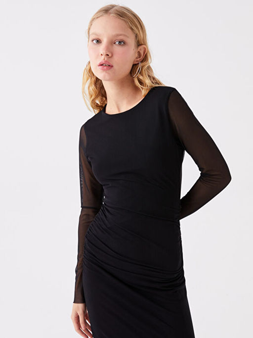 Bisiklet Yaka D?z Uzun Kollu Kad?n Bodycon Elbise