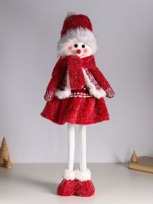 Интерьерная кукла текстильная Снеговик-девочка в бело-красном наряде, раздвижная 44-65 см, 22?14?44 см