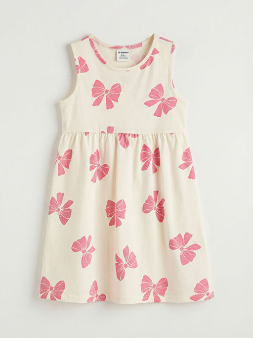 Bisiklet Yaka Fiyonk Bask?l? K?z ?ocuk Elbise