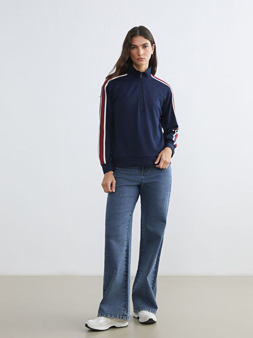 Dik Yaka ?erit Detayl? Kad?n Fermuarl? Sweatshirt