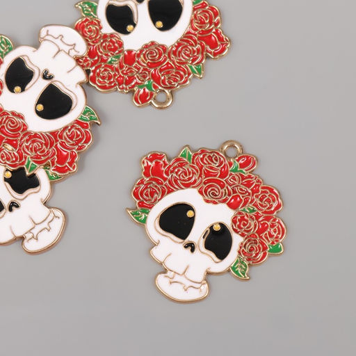 Цена за 4 шт. Декор для творчества металл, эмаль Череп в цветочном венке, 3.13 см