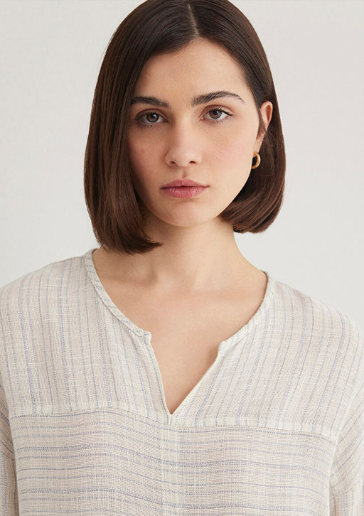 Keten Kar?s?ml? Cizgili Bej Bluz - Mavi фото 5