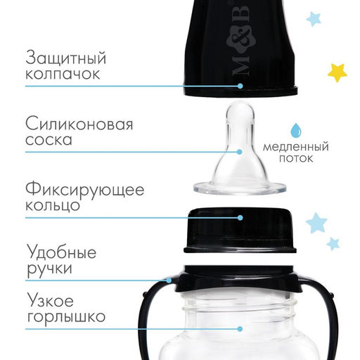 Бутылочка для кормления M&B «ТРЕНД. Пингвин», классическое горло, от 0 мес., 150 мл., приталенная, с ручками