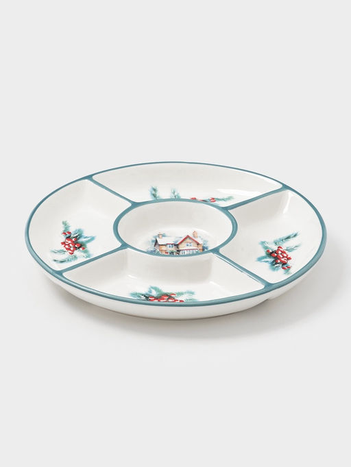 Менажница новогодняя Доляна «Зимний вечер», 5 секций, 25.5×3.1 см, доломит, белая