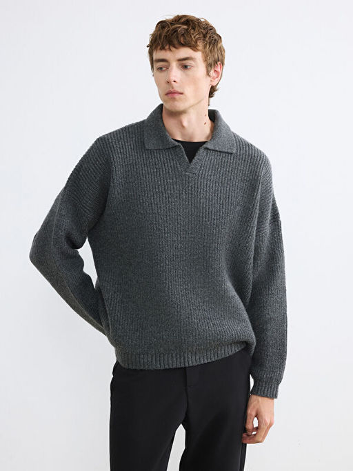 Polo Yaka Fitilli Erkek Triko Kazak