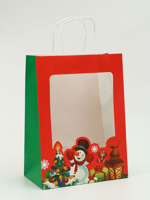 Пакет подарочный бумажный с окном «Снеговик» 26×35×16 см, крафт красный