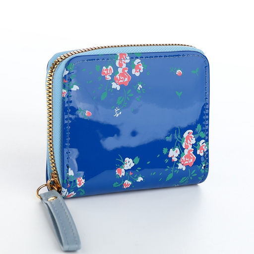 Кошелёк женский на молнии с ремешком, лакированный, синий