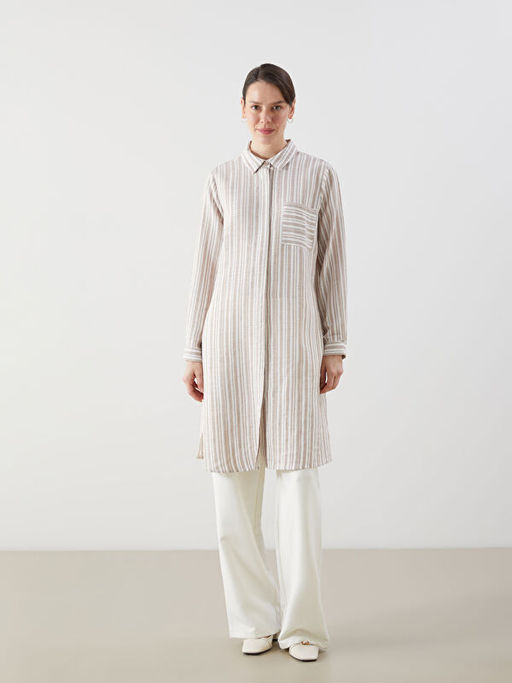 ?izgili Keten G?r?n?ml? Kad?n G?mlek Tunik