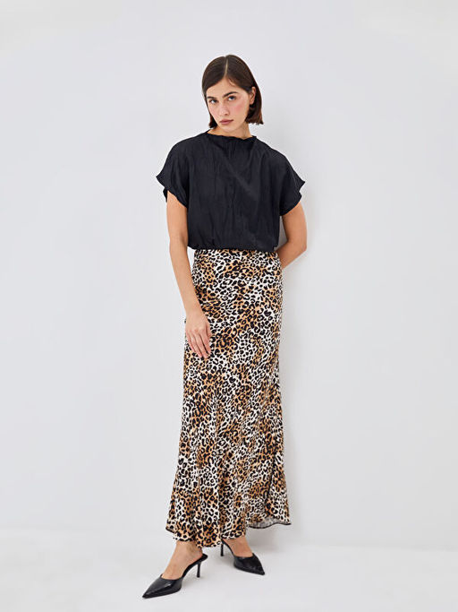 Standart Fit Leopar Desenli Saten Kad?n Etek
