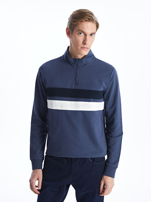 Dik Yaka Uzun Kollu Renk Bloklu Erkek Sweatshirt