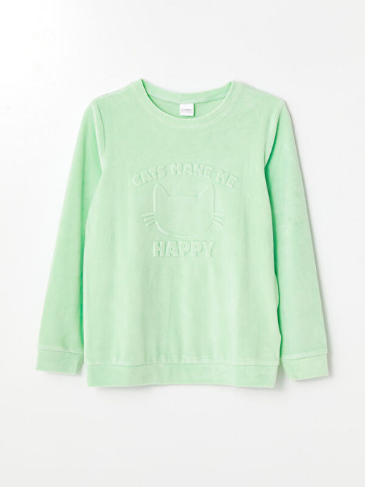 Bisiklet Yaka Kadife K?z ?ocuk Pijama Tak?m?