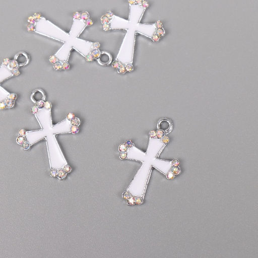 Цена за 5 шт. Декор для творчества металл, стразы Крест, серебро, белый, 2.21.50.3 см