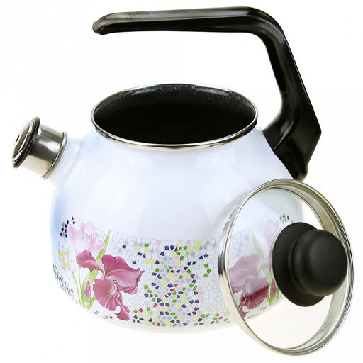 "Мозаика" Чайник эмалированный 3л, д20см, h16см, со свистком, сферическая форма, стеклянная крышка, белый (Россия)