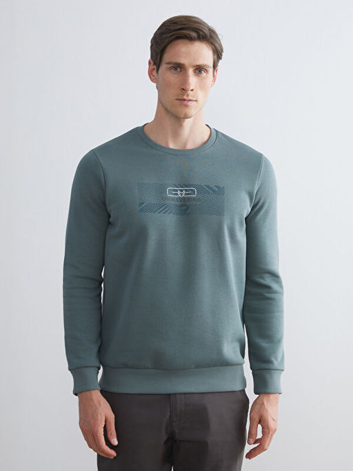 Bisiklet Yaka Bask?l? Erkek Sweatshirt