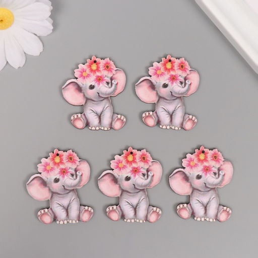 Цена за 10 шт. Декор для творчества дерево Слонёнок с цветным венком, 4.1?3.5?0.3 см