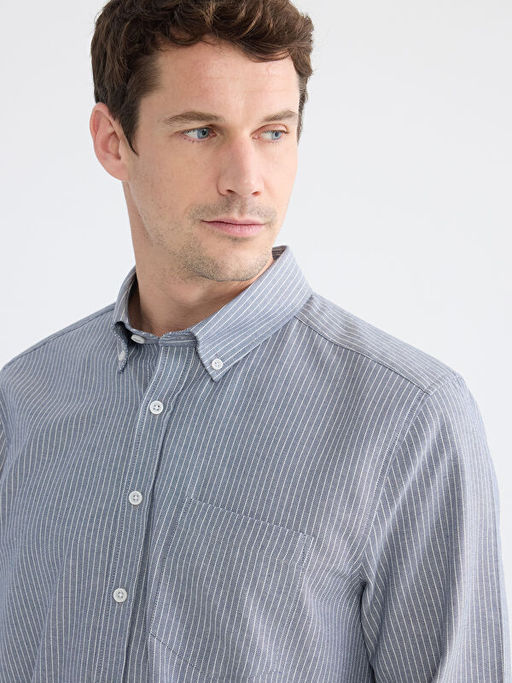 Regular Fit ?izgili Keten G?r?n?ml? Erkek G?mlek