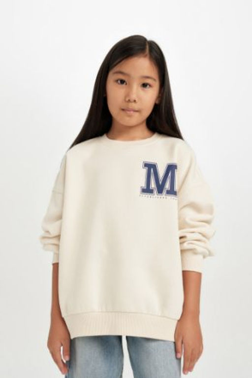 K?z Cocuk Oversize Genis Kal?p Bisiklet Yaka Bask?l? Sweatshirt