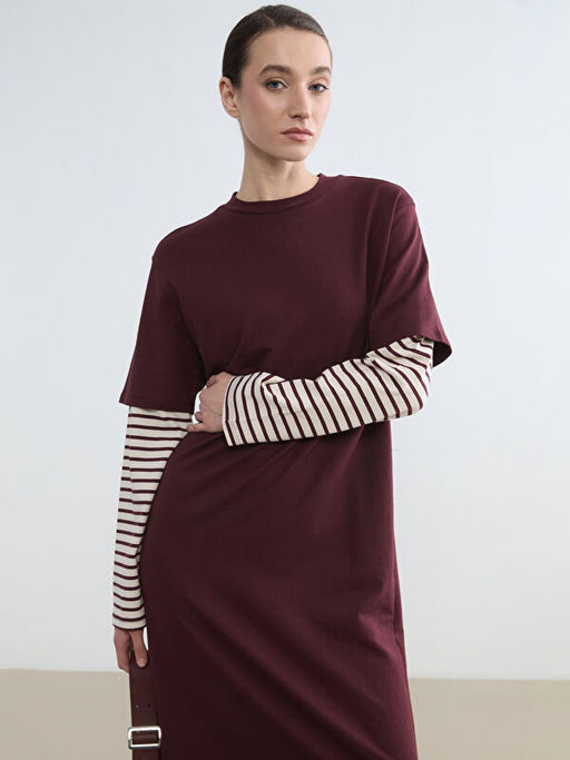 Bisiklet Yaka ?izgili Sweat Elbise