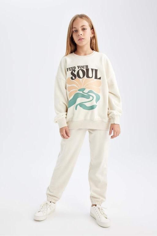 Толстовка оверсайз широкого кроя с круглым вырезом и принтом для девочек цвета экрю - Defacto фото 2