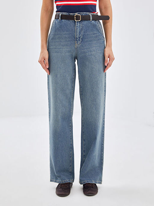 Beli Kemerli Wideleg Kad?n Jean Pantolon