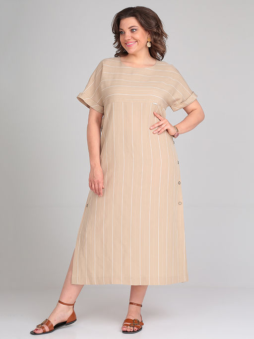 Платье длинное бежевое в белую полоску для полных - Almond фото 2