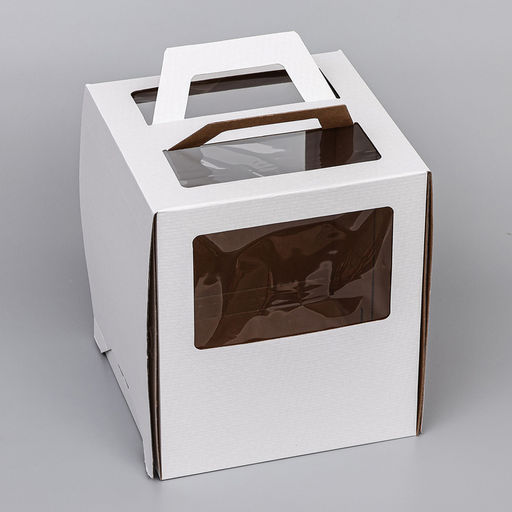 Коробка под торт 2 окна, с ручками, белая, 26×26×30 см