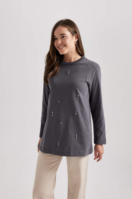 Футболка-туника с длинными рукавами из чесаного хлопка с круглым вырезом и вышивкой обычного кроя - Defacto фото 5